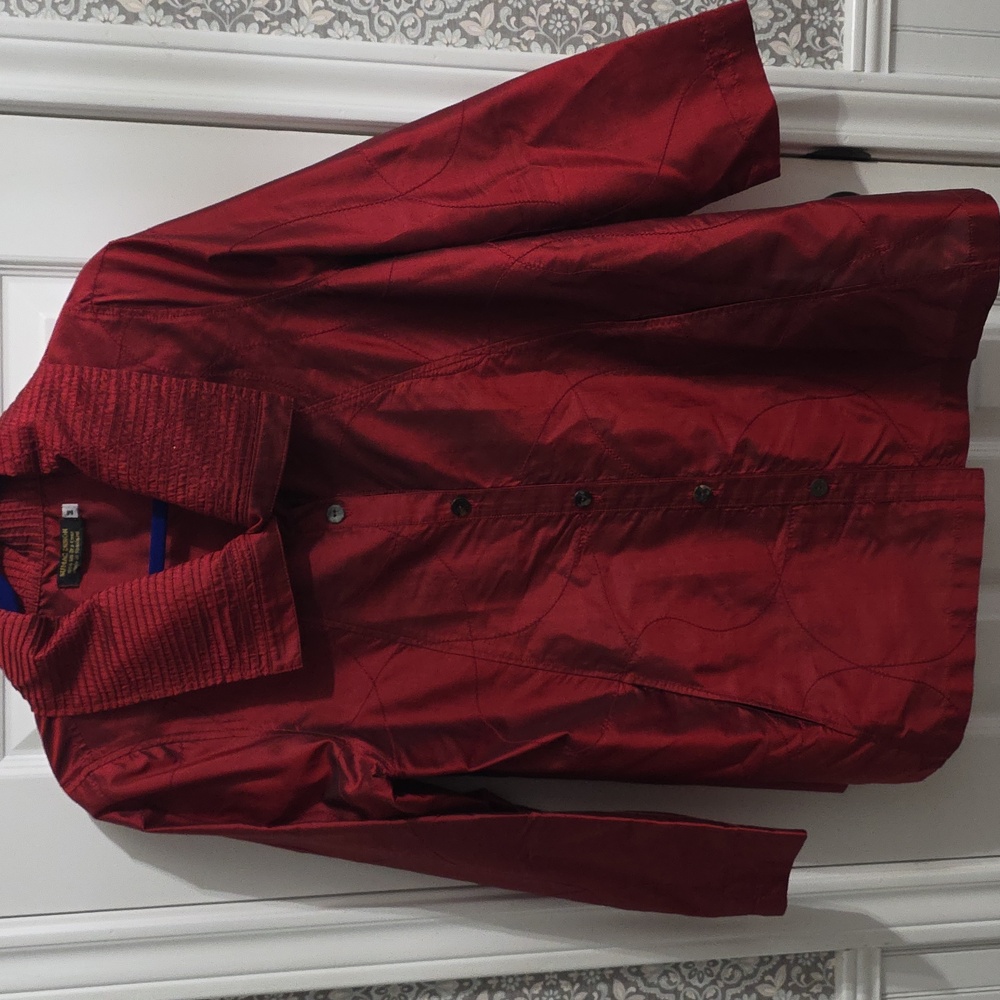 Sumac Design 100% Silk Red Collared Button Down Lightweight Jacket Blouse Medium